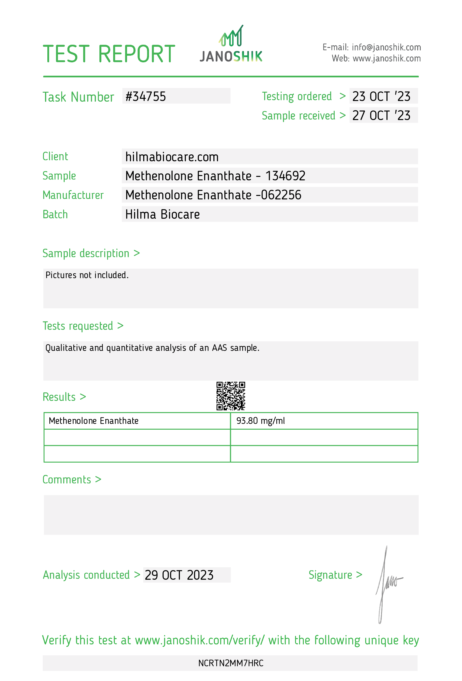 Hilma Biocare Methenolone Enanthate 10ml/100 mg/ml - Image 2